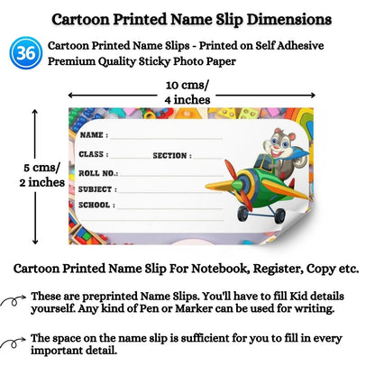 Kids Name Slips Cartoon Printed - Pack of 36 - Self Fill in