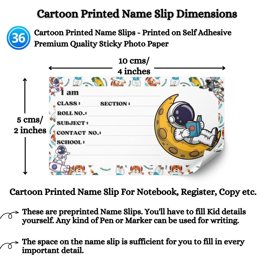 Kids Name Slips Cartoon Printed - Pack of 36 - Self Fill in
