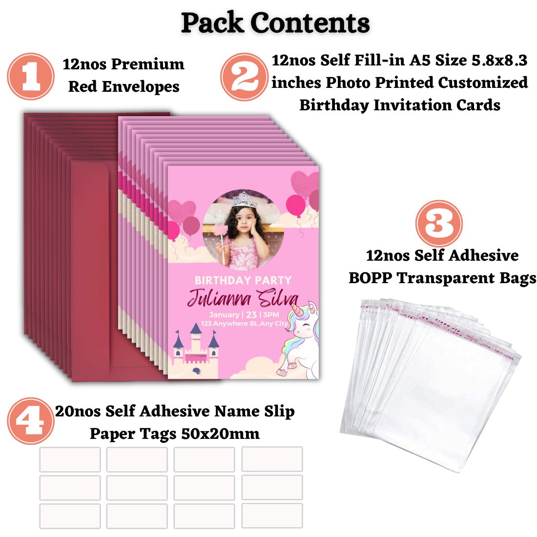 Custom Birthday Invitation Card for Kids with Envelopes | Pack of 12 | One side Printed