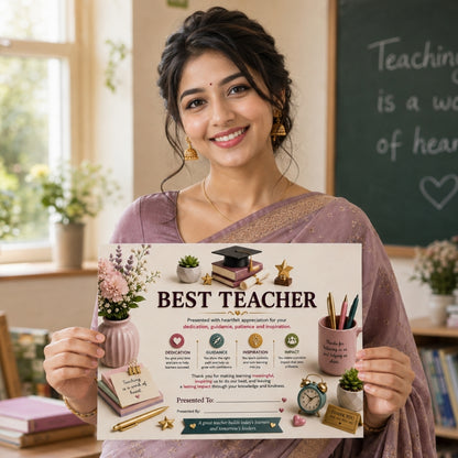 Best Teacher Certificate – A4 Teacher Appreciation Award Certificate for Teachers | Premium Printed Thank You Gift