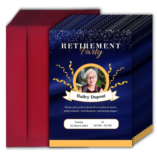 Customised Retirement Farewell Party Invitation Cards with Photo Pack of 12 with Envelopes
