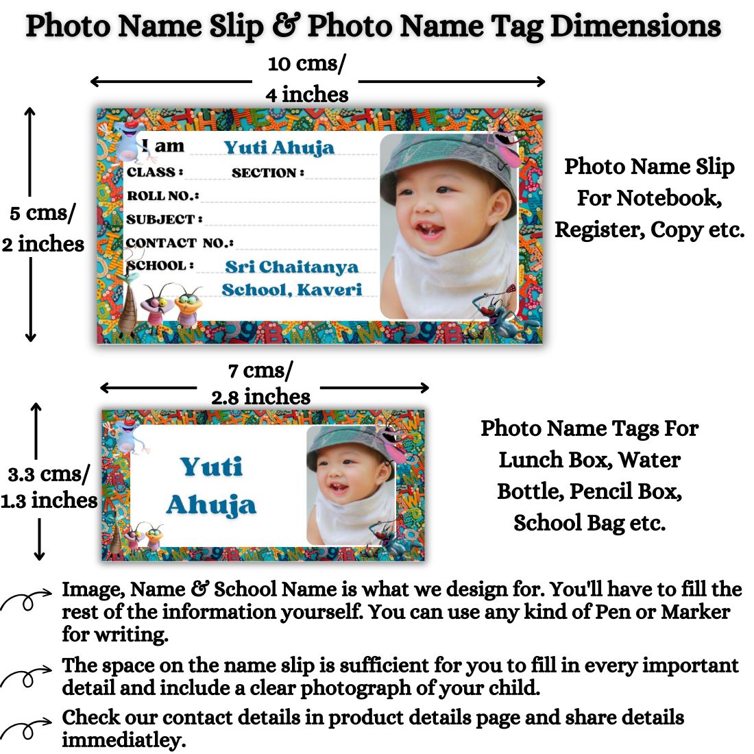 Kids Photo Name Slips & Tags | Pack of 63 | 36 Name Slips & 27 Tags