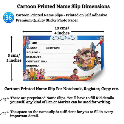 Kids Name Slips Cartoon Printed - Pack of 36 - Self Fill in