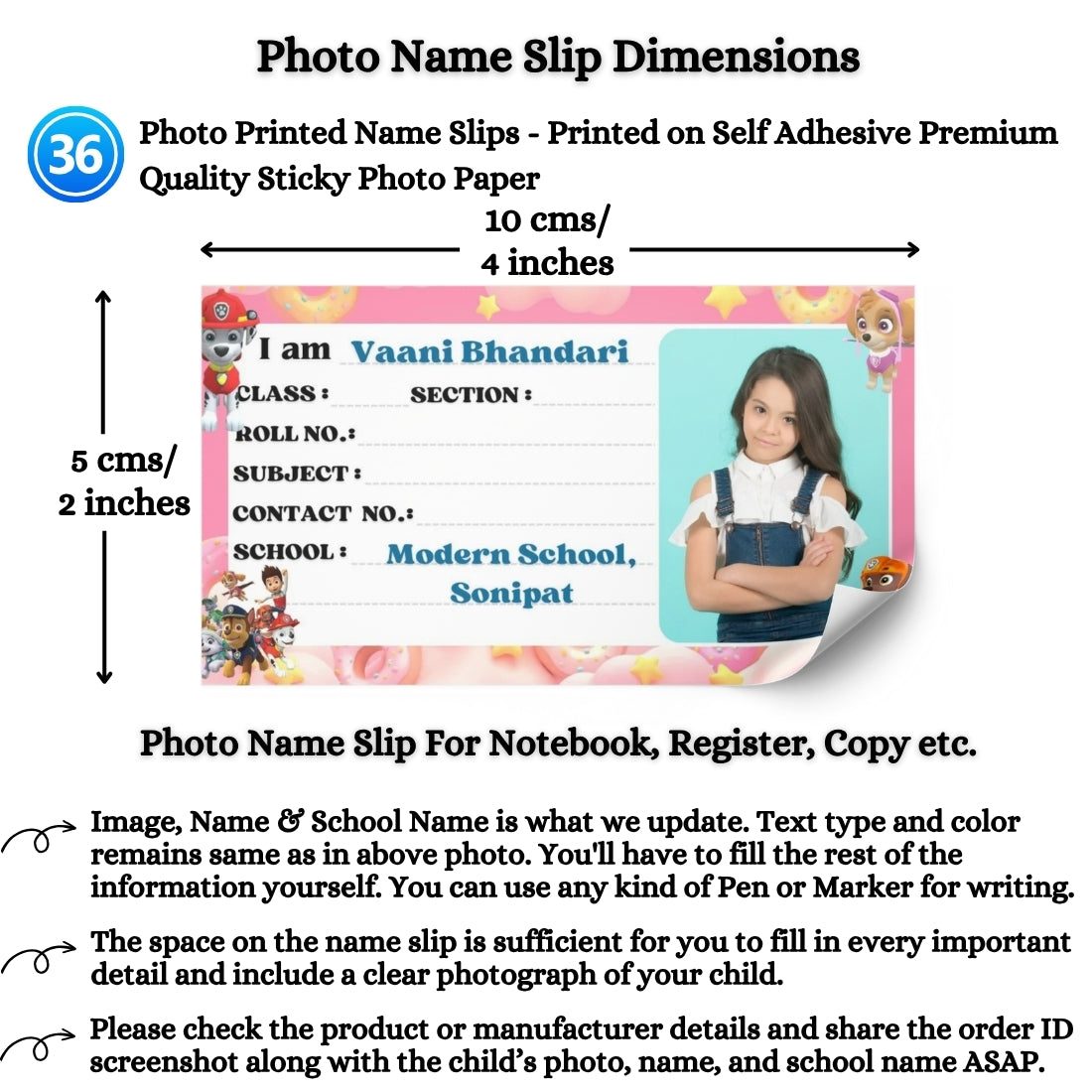 Kids Photo Name Slips Pack of 36