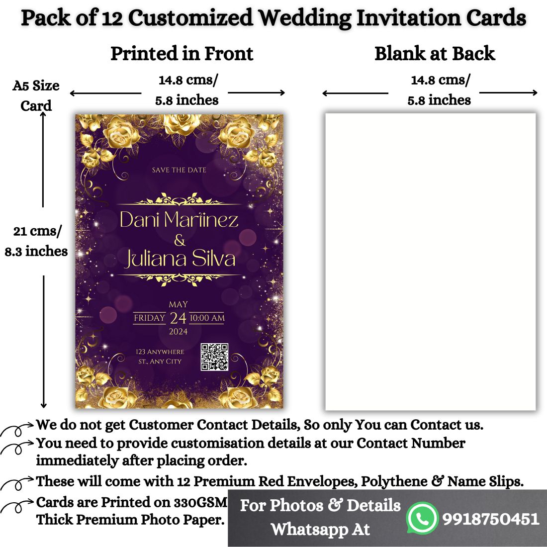 Custom Wedding Invitation Cards with Envelopes | Pack of 12 | One side Printed
