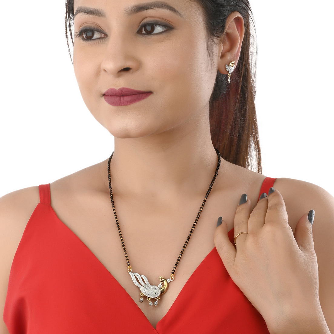 Gold Plated AD Mangalsutra Pendant and Earrings Set with Black Beads Chain