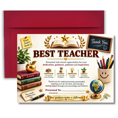 Best Teacher Certificate – A4 Teacher Appreciation Award Certificate for Teachers | Premium Printed Thank You Gift