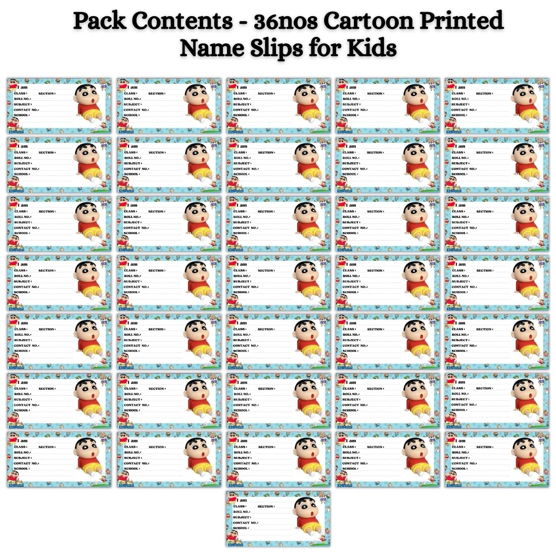 Kids Name Slips Cartoon Printed - Pack of 36 - Self Fill in