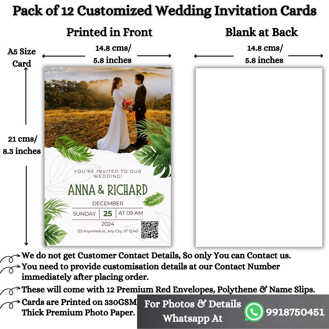 Custom Wedding Invitation Card with Couple Photo | Pack of 12 | One side Printed | Envelopes Included