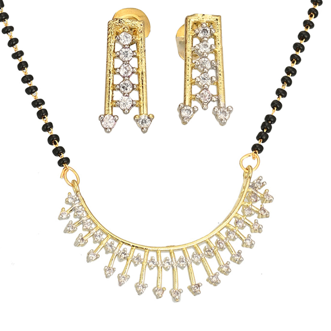 Gold Plated AD Mangalsutra Pendant and Earrings Set with Black Beads Chain