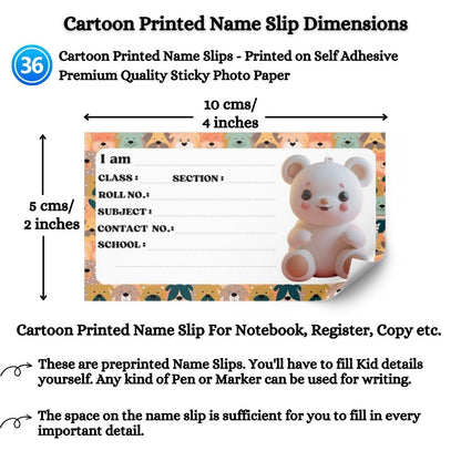 Kids Name Slips Cartoon Printed - Pack of 36 - Self Fill in