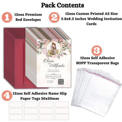 Custom Wedding Invitation Card with Couple Photo | Pack of 12 | One side Printed | Envelopes Included
