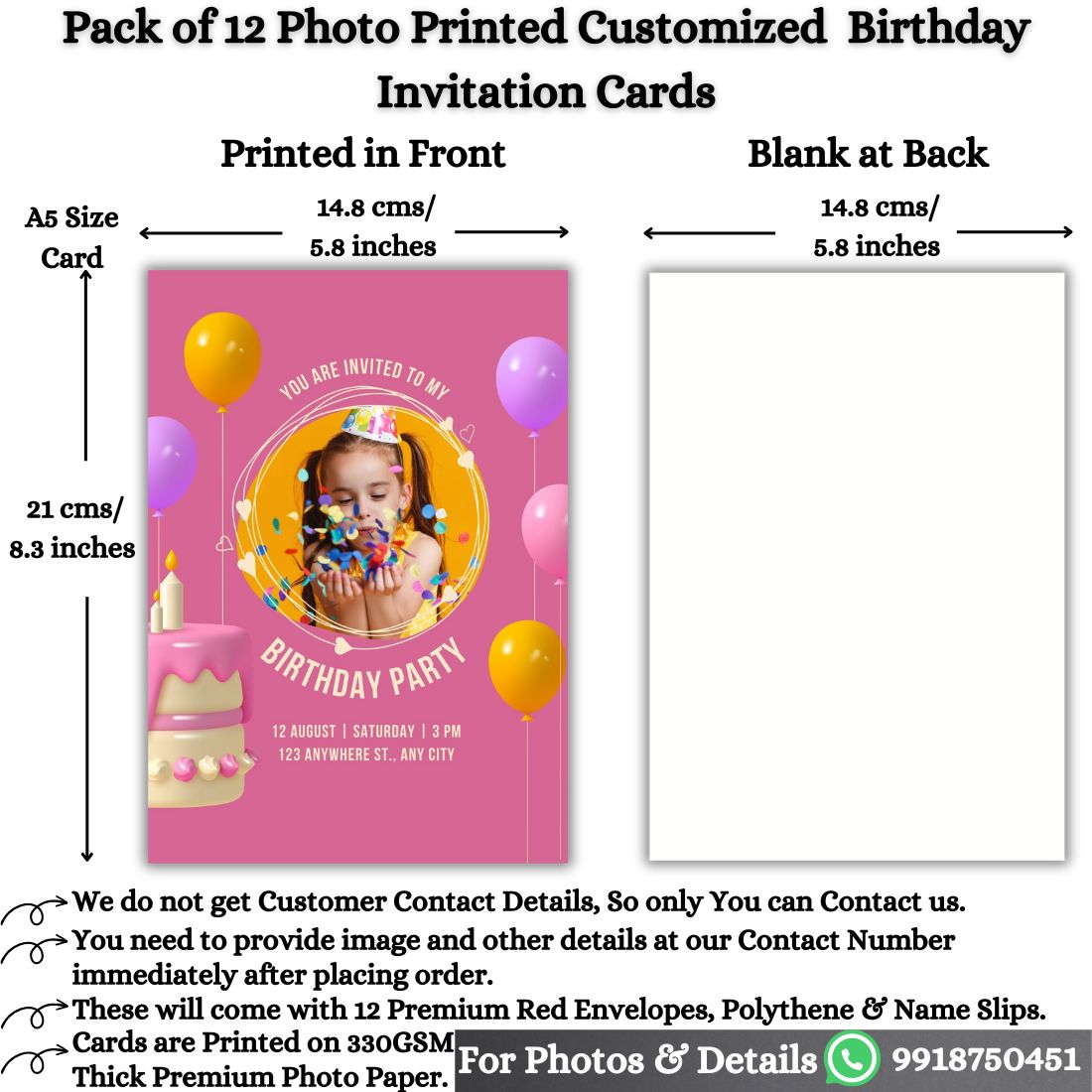 Custom Birthday Invitation Card for Kids with Envelopes | Pack of 12 | One side Printed