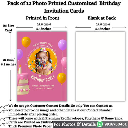 Custom Birthday Invitation Card for Kids with Envelopes | Pack of 12 | One side Printed