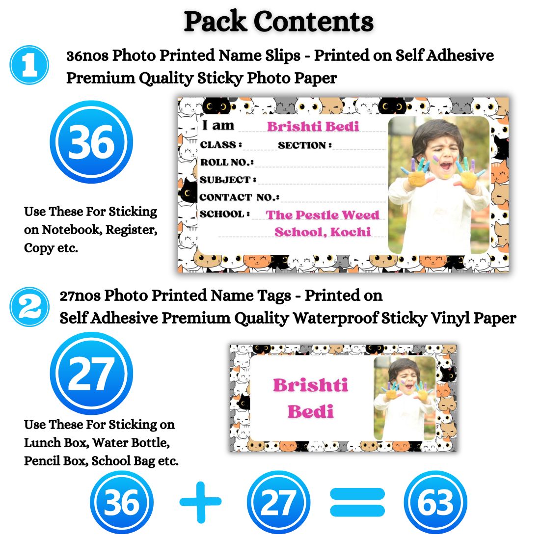 Kids Photo Name Slips & Tags | Pack of 63 | 36 Name Slips & 27 Tags