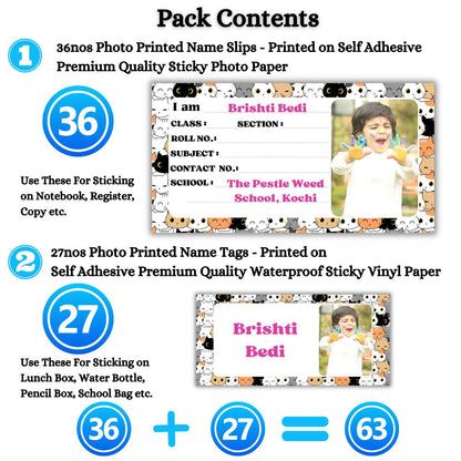 Kids Photo Name Slips & Tags | Pack of 63 | 36 Name Slips & 27 Tags