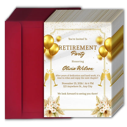 Customised Retirement Farewell Party Invitation Cards Pack of 12 with Envelopes