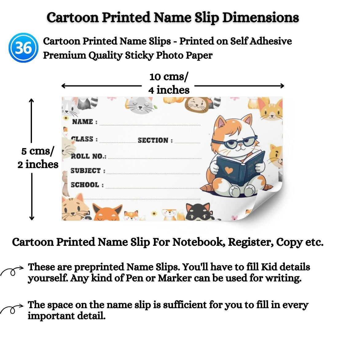 Kids Name Slips Cartoon Printed - Pack of 36 - Self Fill in