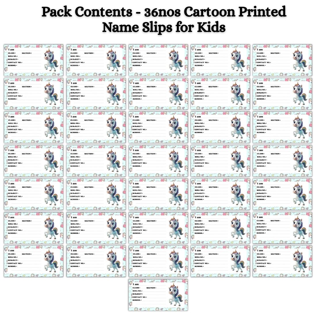Kids Name Slips Cartoon Printed - Pack of 36 - Self Fill in