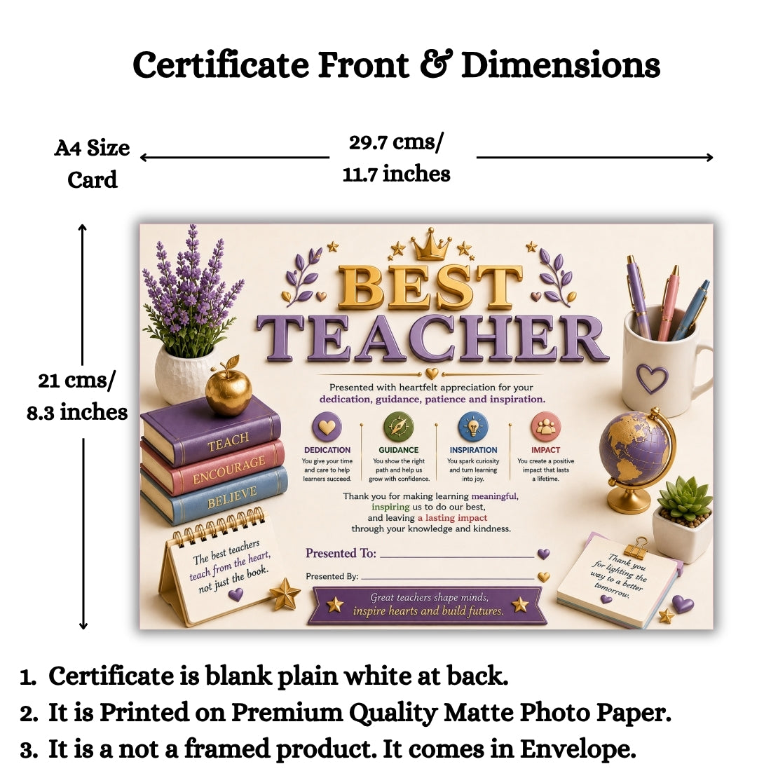 Best Teacher Certificate – A4 Teacher Appreciation Award Certificate for Teachers | Premium Printed Thank You Gift