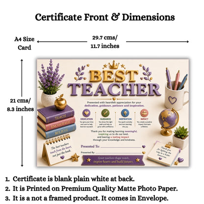 Best Teacher Certificate – A4 Teacher Appreciation Award Certificate for Teachers | Premium Printed Thank You Gift