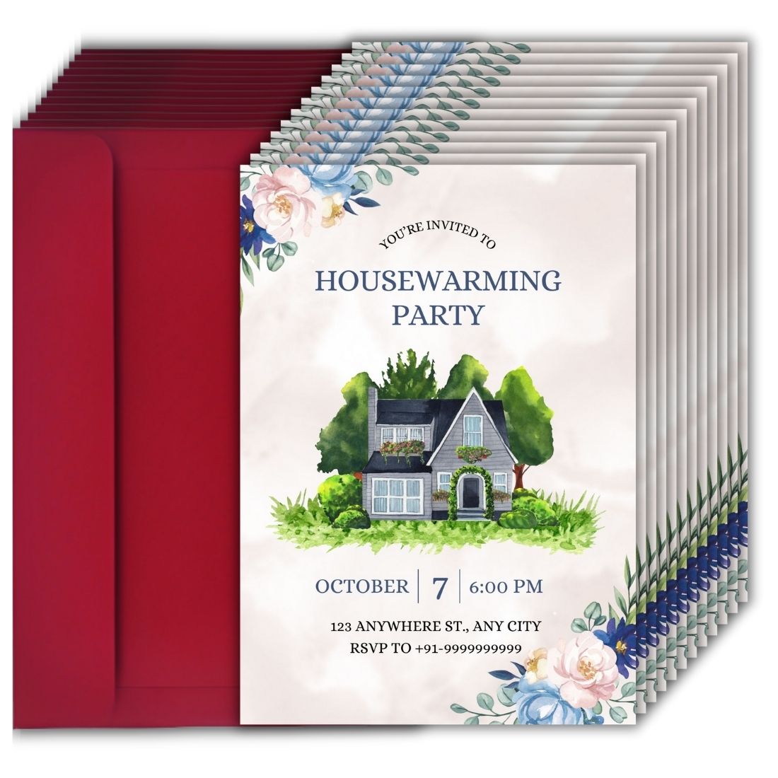 Customized Housewarming Invitation Cards, Pack of 12 Personalized 5.8x8.3 Inch with Premium Red Envelopes