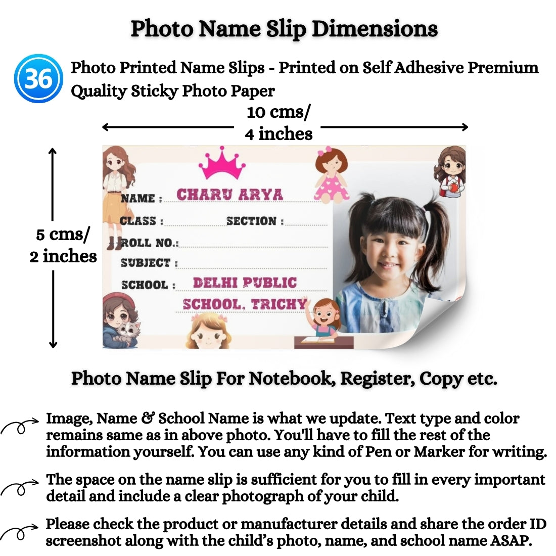 Kids Photo Name Slips Pack of 36