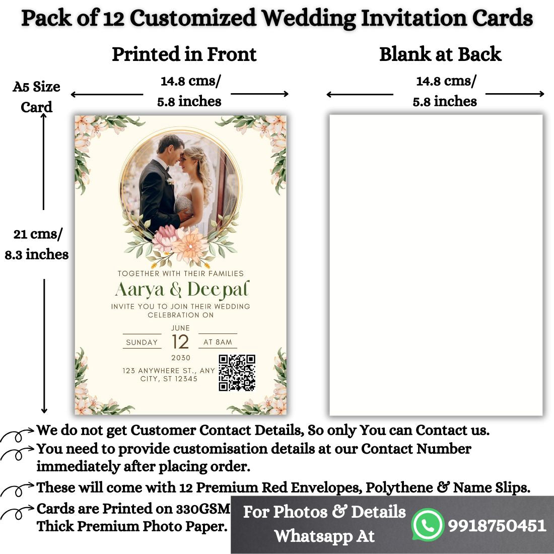 Custom Wedding Invitation Card with Couple Photo | Pack of 12 | One side Printed | Envelopes Included
