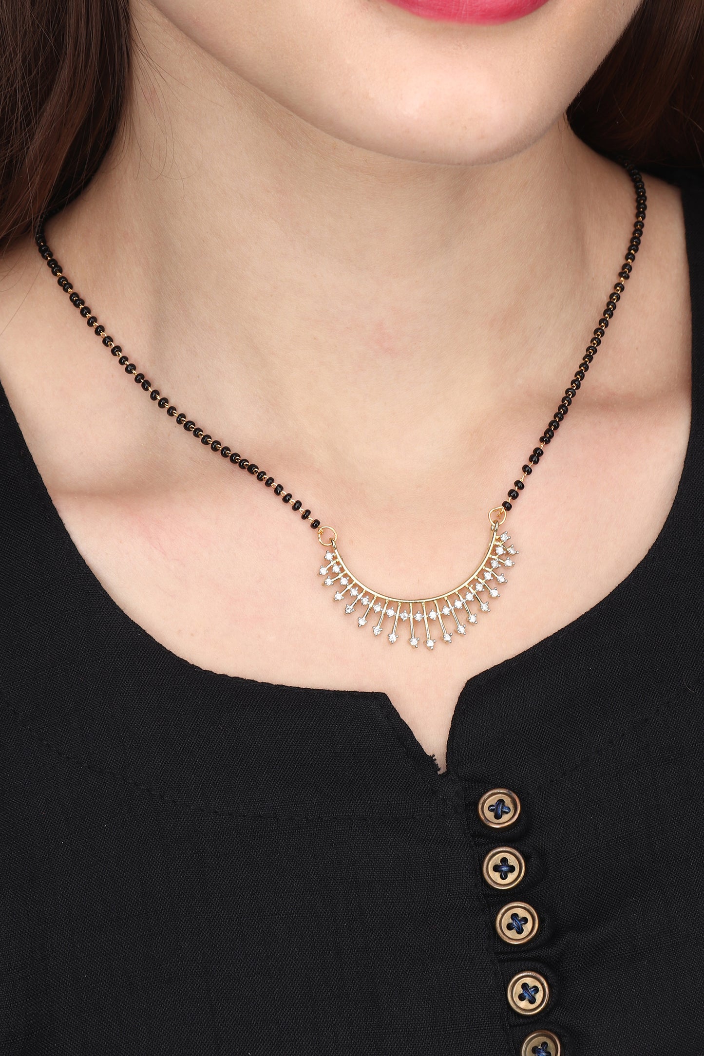 Gold Plated AD Mangalsutra Pendant and Earrings Set with Black Beads Chain