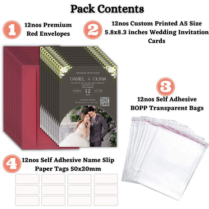 Custom Wedding Invitation Card with Couple Photo | Pack of 12 | One side Printed | Envelopes Included