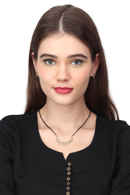 Gold Plated AD Mangalsutra Pendant and Earrings Set with Black Beads Chain