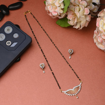Gold Plated AD Mangalsutra Pendant and Earrings Set with Black Beads Chain