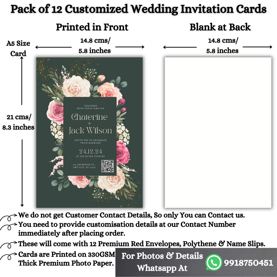 Custom Wedding Invitation Cards with Envelopes | Pack of 12 | One side Printed