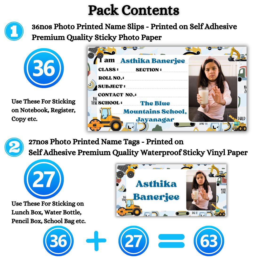 Kids Photo Name Slips & Tags | Pack of 63 | 36 Name Slips & 27 Tags
