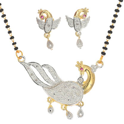 Gold Plated AD Mangalsutra Pendant and Earrings Set with Black Beads Chain
