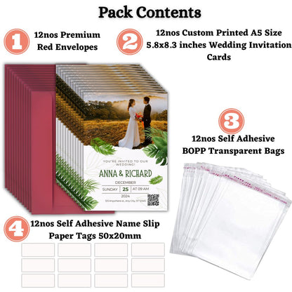 Custom Wedding Invitation Card with Couple Photo | Pack of 12 | One side Printed | Envelopes Included