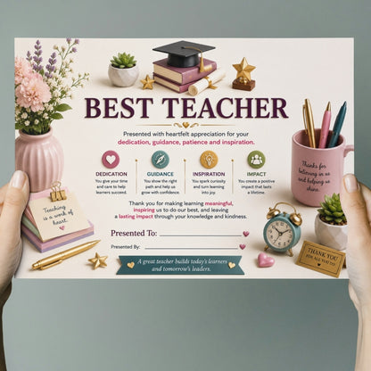 Best Teacher Certificate – A4 Teacher Appreciation Award Certificate for Teachers | Premium Printed Thank You Gift