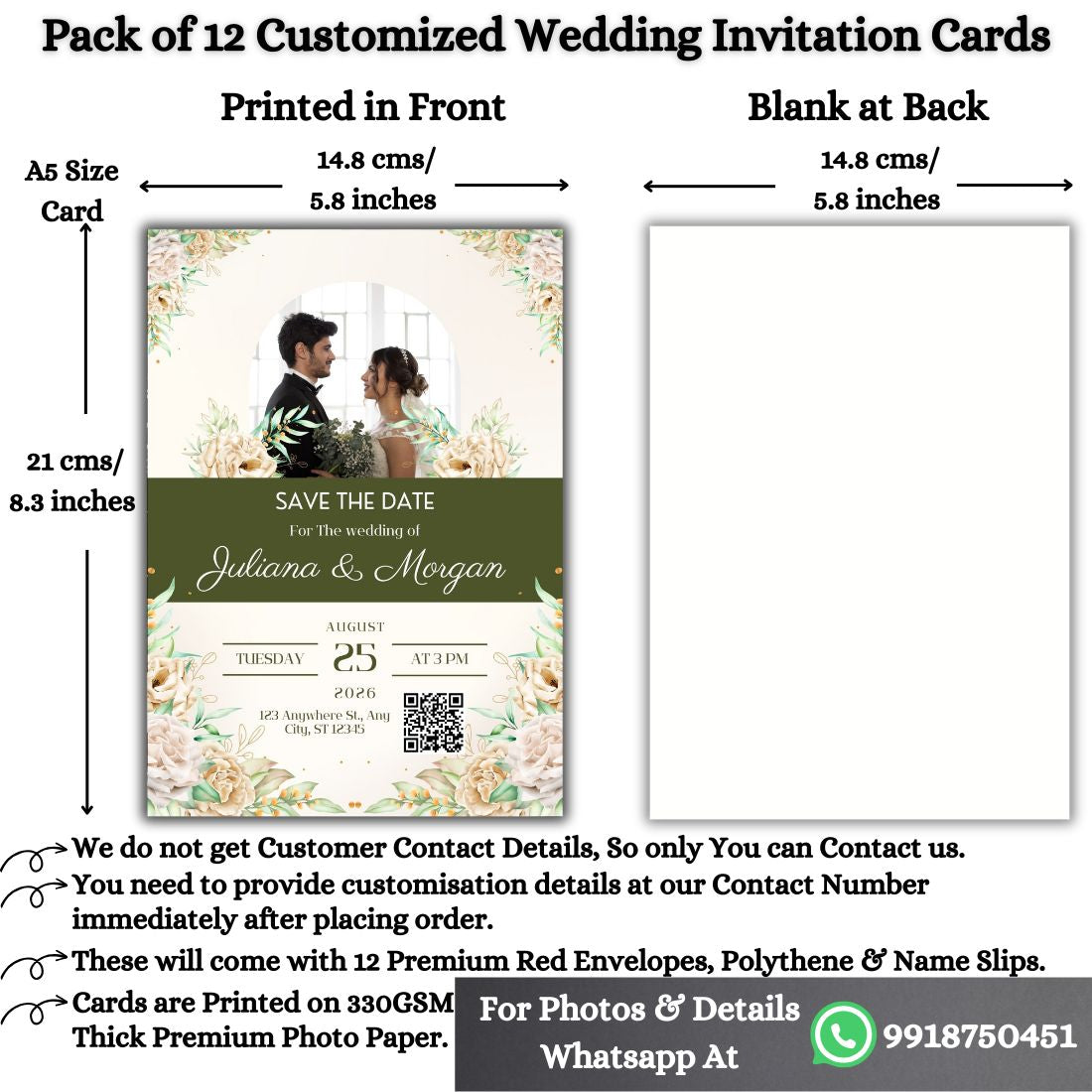 Custom Wedding Invitation Card with Couple Photo | Pack of 12 | One side Printed | Envelopes Included