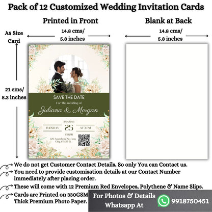 Custom Wedding Invitation Card with Couple Photo | Pack of 12 | One side Printed | Envelopes Included