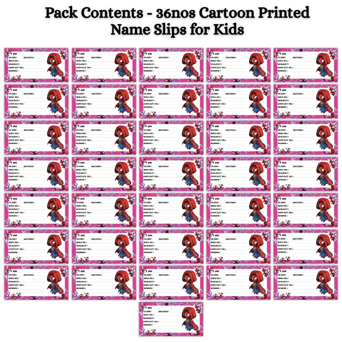 Kids Name Slips Cartoon Printed - Pack of 36 - Self Fill in