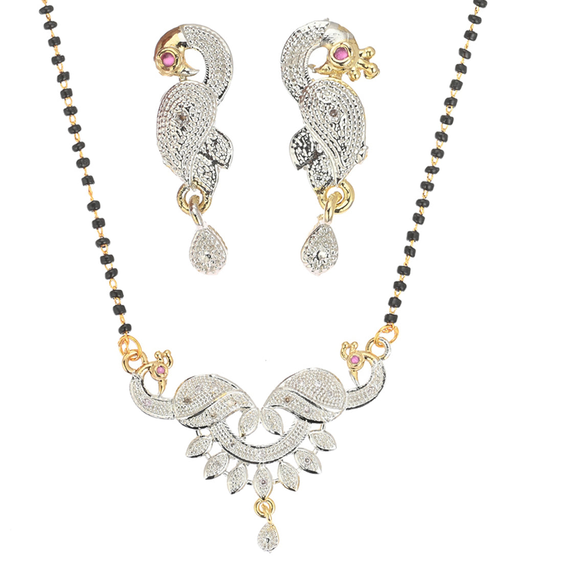 Gold Plated AD Mangalsutra Pendant and Earrings Set with Black Beads Chain
