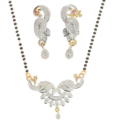 Gold Plated AD Mangalsutra Pendant and Earrings Set with Black Beads Chain