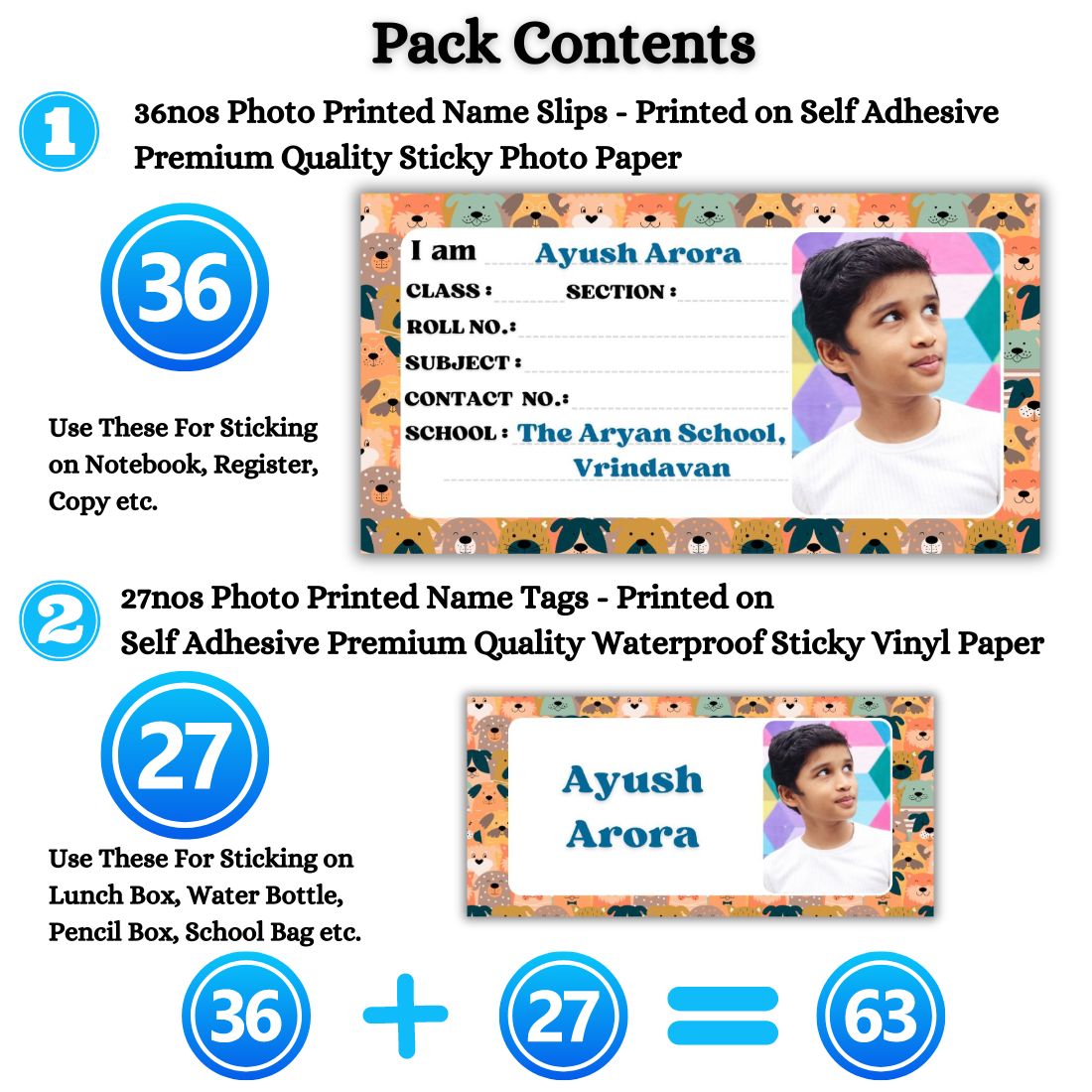 Kids Photo Name Slips & Tags | Pack of 63 | 36 Name Slips & 27 Tags
