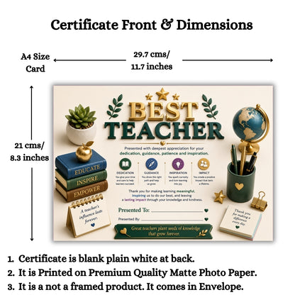 Best Teacher Certificate – A4 Teacher Appreciation Award Certificate for Teachers | Premium Printed Thank You Gift