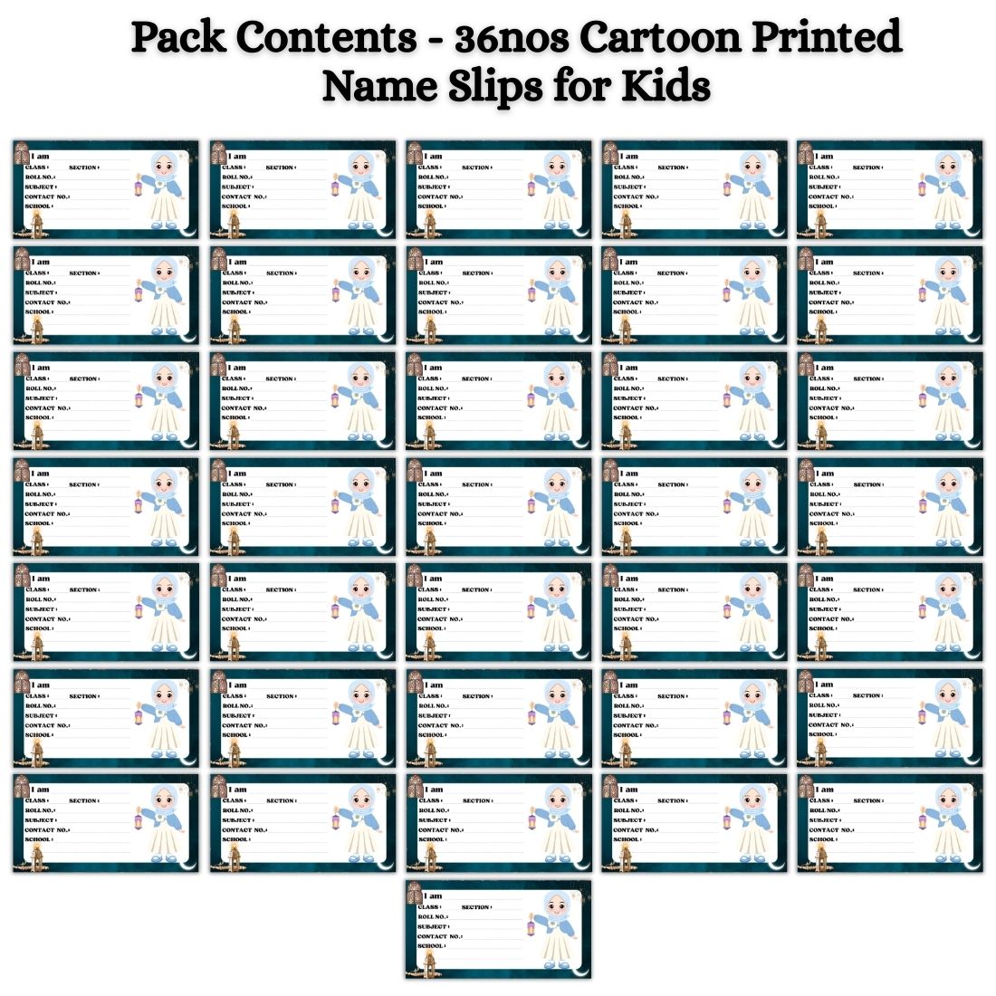 Kids Name Slips Cartoon Printed - Pack of 36 - Self Fill in
