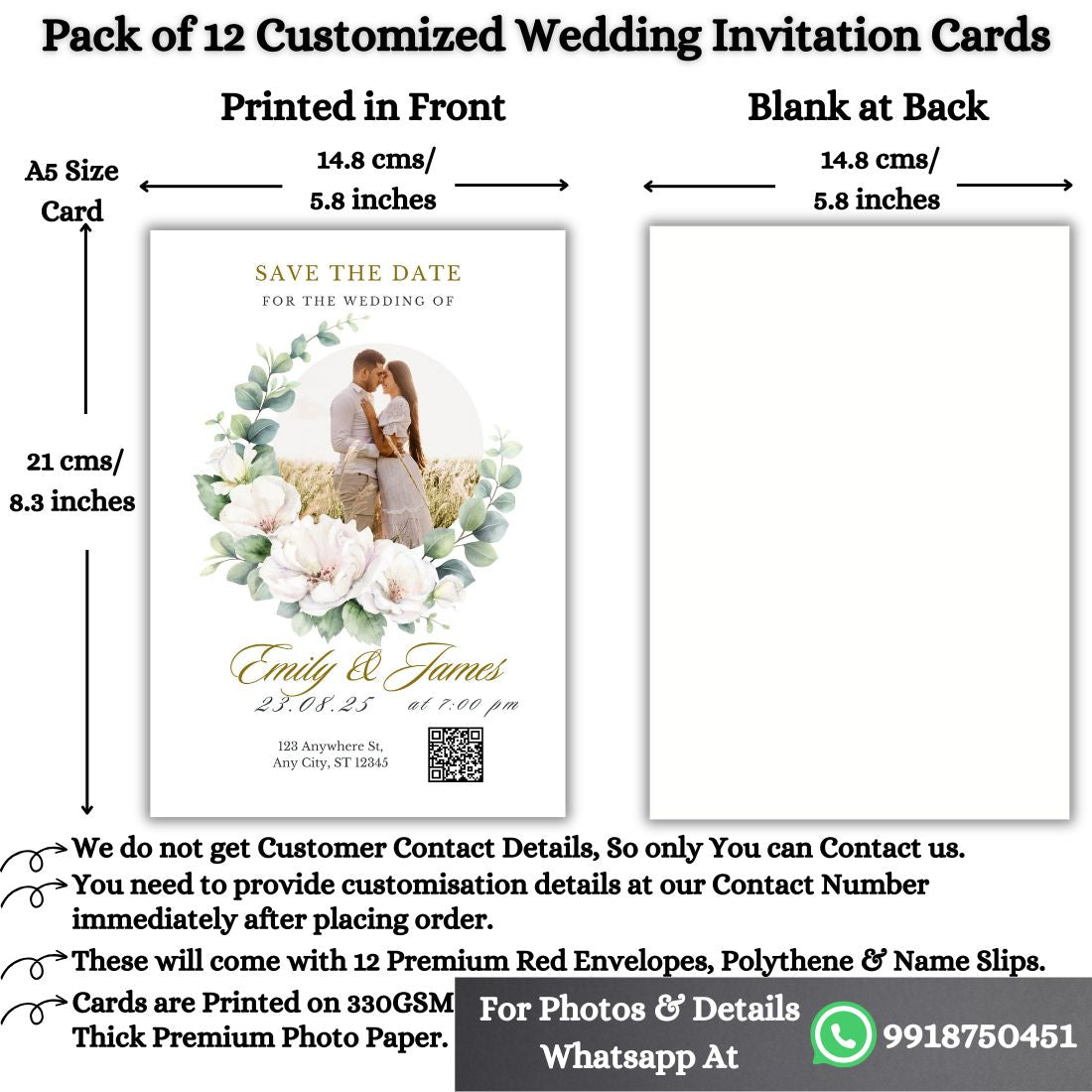 Custom Wedding Invitation Card with Couple Photo | Pack of 12 | One side Printed | Envelopes Included