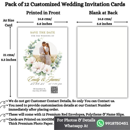 Custom Wedding Invitation Card with Couple Photo | Pack of 12 | One side Printed | Envelopes Included