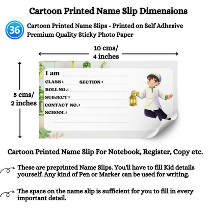 Kids Name Slips Cartoon Printed - Pack of 36 - Self Fill in