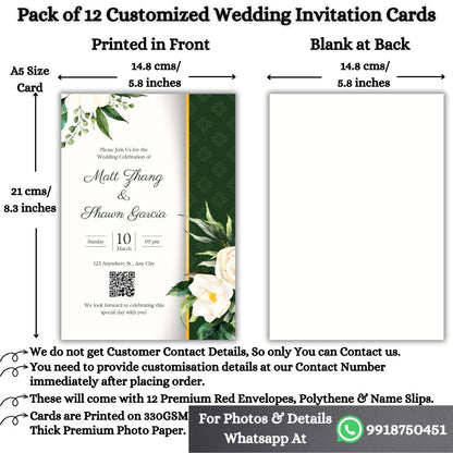 Custom Wedding Invitation Cards with Envelopes | Pack of 12 | One side Printed