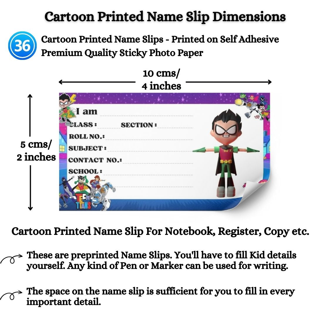 Kids Name Slips Cartoon Printed - Pack of 36 - Self Fill in